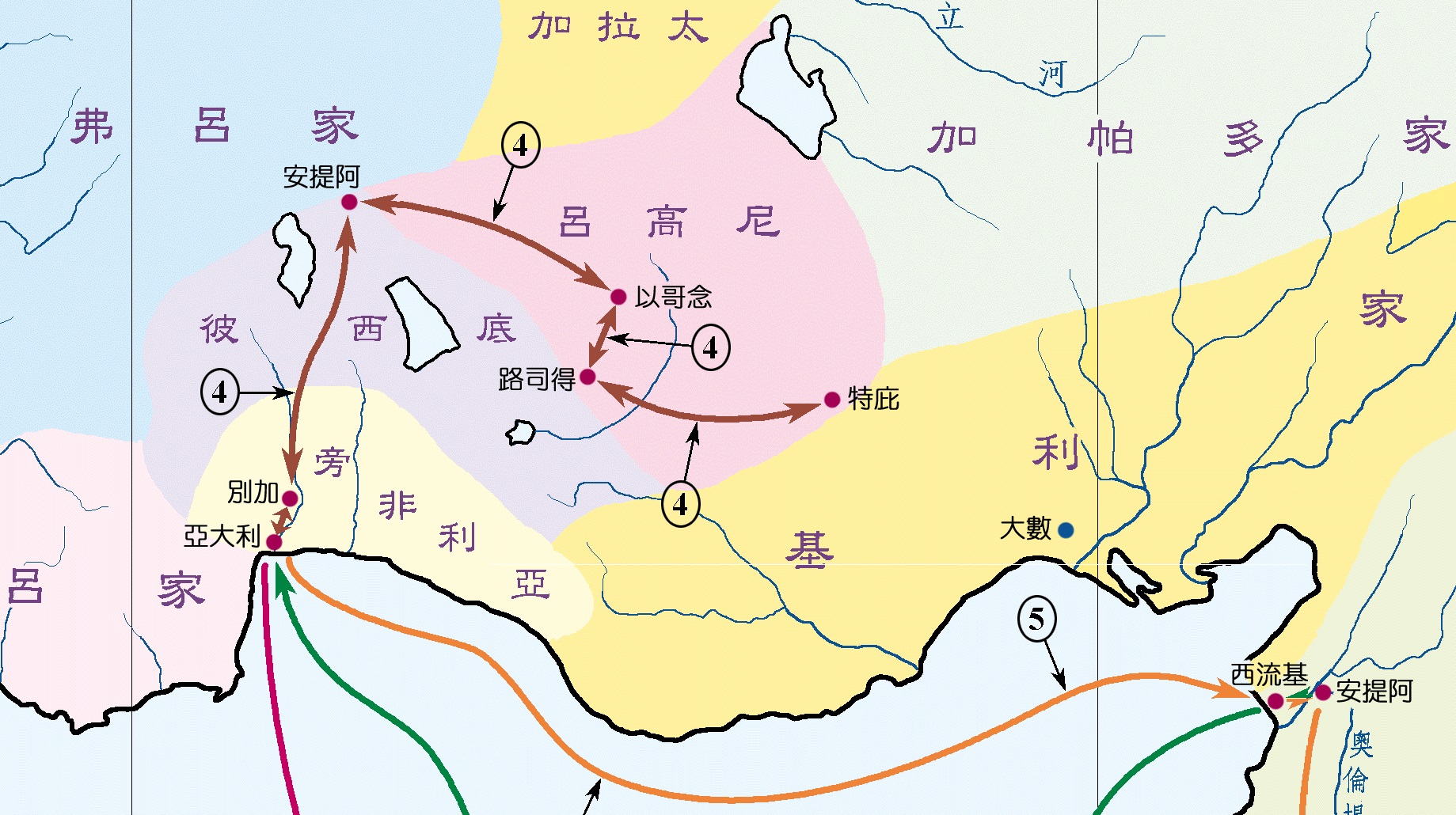 上图：使徒行传第十四章的主要地点：以哥念、路司得、特庇、彼西底、别加、亚大利、安提阿。