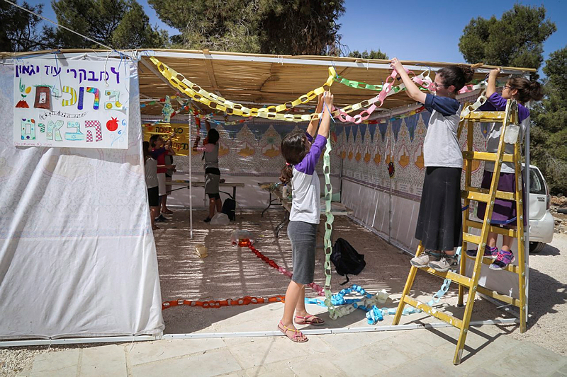 上图：几个犹太女孩正在装饰住棚节（Sukkot）的棚子。这棚子只有三面墙，通常用树枝和秋果来布置。犹太人被掳巴比伦回归之后，以斯拉吩咐各人用「橄榄树、野橄榄树、番石榴树、棕树和各样茂密树的枝子」在自己的房顶上、院内或城中宽阔处搭棚（尼八15-18）。住棚节犹太人还要在会堂诵读传道书。