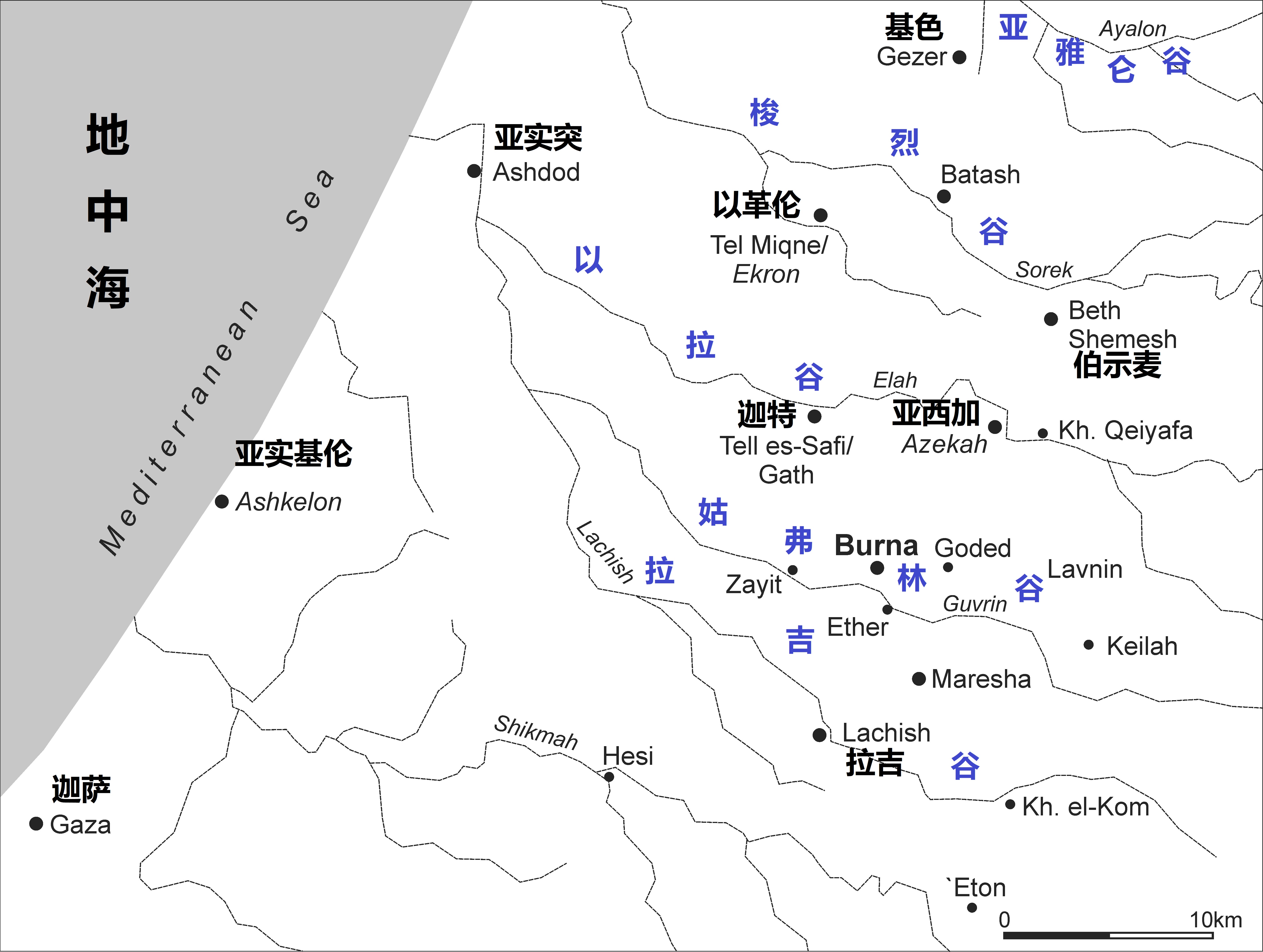 上图：示非拉丘陵的五个山谷。示非拉丘陵位于犹大山地和非利士沿海平原之间，许多季节性的河道经过这里流向平原，形成五个东西走向的主要山谷，成为从非利士沿海平原进入犹大山地的天然交通路线，也成为以色列人与非利士人经常争战的地方。这五个山谷从北到南依次是： 1、亚雅仑谷（Aijalon Valley）：亚雅仑谷的上游有两条支谷，北支谷通往便雅悯高原中部，南支谷通往耶路撒冷。基色扼守亚雅仑谷西边的入口，上伯和仑和下伯和仑是通往便雅悯的两个重要城邑。 2、梭烈谷（Sorek Valley）：梭烈谷在五个山谷中最平缓，所以成为进入犹大山地优先选择的通道，可以通往耶路撒冷和伯利恆。梭烈谷就是参孙对抗非利士人的地方。 3、以拉谷（Elah Valley）：这是进入希伯仑和伯利恆的关键通道。亚西加扼守着以拉谷西边的入口。以拉谷是大卫与巨人歌利亚决战的地方。 4、姑弗林谷（Guvrin Valley）：姑弗林谷可以通往希伯仑，但比较少被人使用。 5、拉吉谷（Lachish Valley）：拉吉谷可以通往犹大山地南部的重要城市希伯仑。