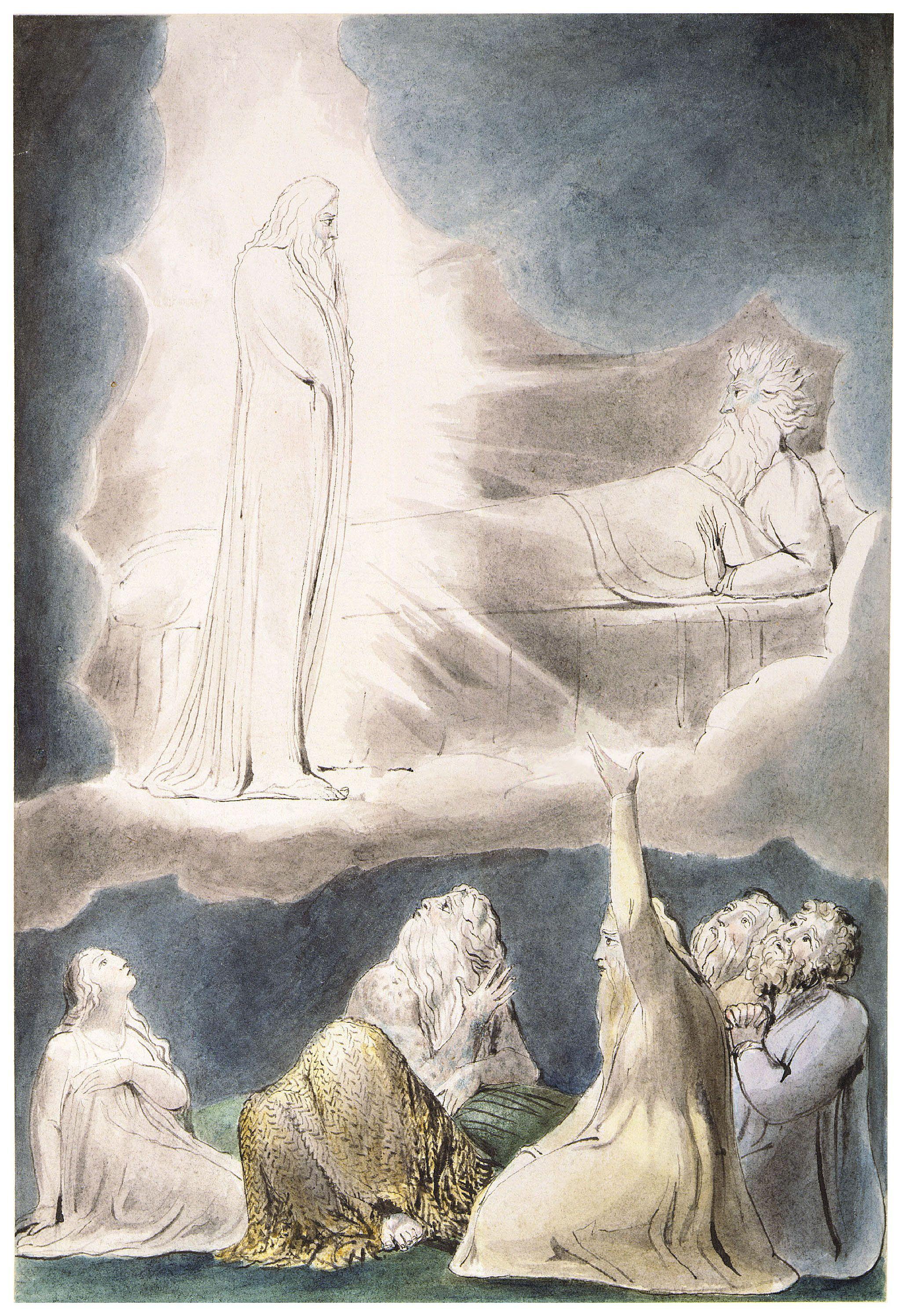 上图：英国诗人、画家威廉·布莱克（William Blake，1757-1827年）的版画《以利法的异象 The Vision of Eliphaz》，描绘「恐惧、战兢临到我身，使我百骨打战」（伯四14）。