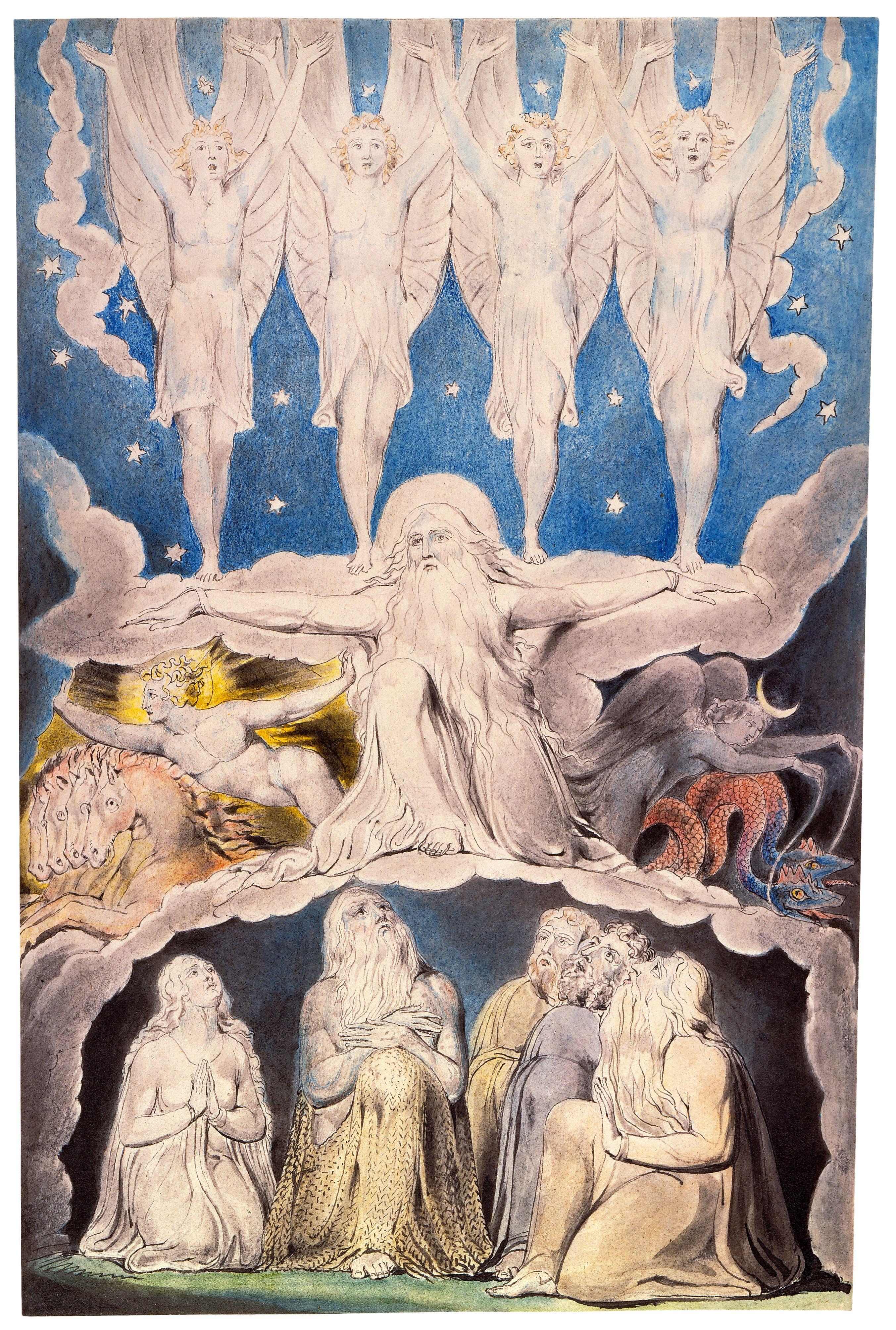 上图：英国诗人、画家威廉·布莱克（William Blake，1757-1827年）的版画《当晨星一同歌唱 When the Morning Stars Sang Together》，描绘「那时，晨星一同歌唱；神的众子也都欢呼」（伯三十八7）。